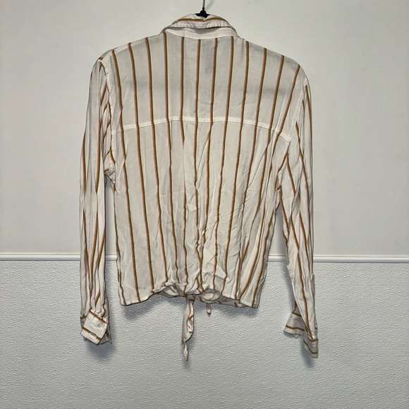 Women's Agnes & Dora button down Shirt, M, cream, brown, pink - tie at bottom - Picture 3 of 8